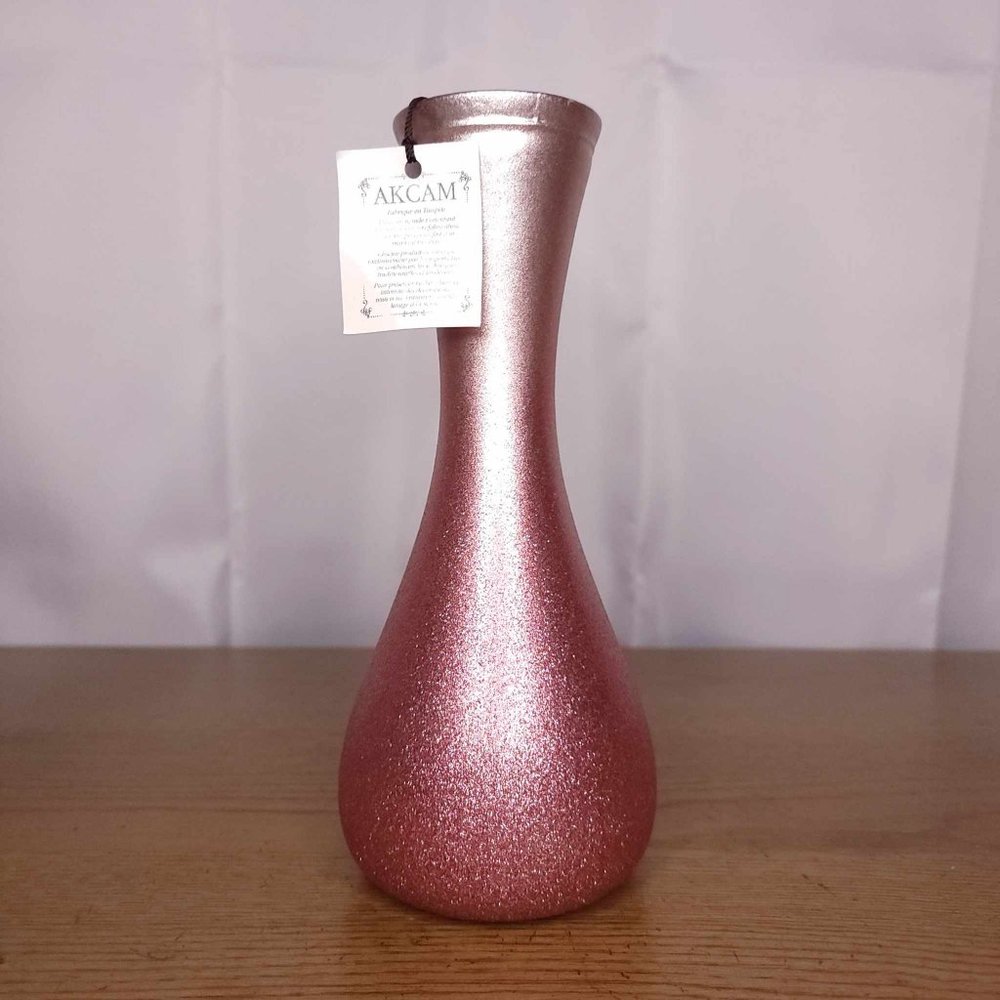 Akcam Beautiful Pink Glitter Color Art Glass Bud Vase Made in Turkey 9" tall